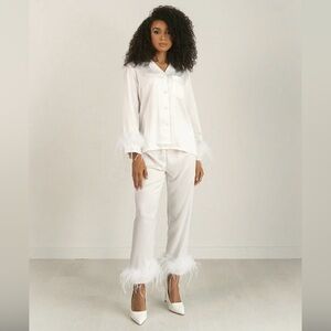 Bon Viviann White Feather Trim Satin Pajama Set XS